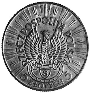 5 złotych 1934, Piłsudski i Orzeł Strzelecki, na awersie wypukły napis: PRÓBA, brąz, wybito 100 sztuk, 9.84 g.