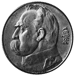 5 złotych 1934, Piłsudski i Orzeł Strzelecki, na awersie wypukły napis: PRÓBA, brąz, wybito 100 sztuk, 9.84 g.