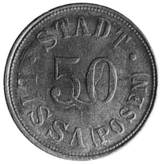 50 fenigów b.d., Leszno, Aw: Nominał, w otoku napis: STADT LISSA/ POSEN, Rw: Nominał, Menzel 8324.3, cynk25.1 mm