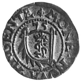 szeląg 1575, Mitawa, Aw: Tarcza herbowa Kettlerów z monogramen SA i napis, Rw: Lew i napis, Kop.I. 1 -RR-,moneta rzadko spotykana w handlu