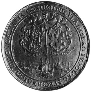 medal zaślubinowy Władysława IV i Ludwiki Marii z 1646 roku autorstwa Sebastiana Dadlera, Aw: Żaglowiecwpływający do portu gdańskiego, u góry kartusze z herbami Polski i Gdańska trzymane przez rękę wychodzącąz obłoków