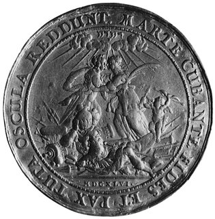 medal zaślubinowy Władysława IV i Ludwiki Marii z 1646 roku autorstwa Sebastiana Dadlera, Aw: Żaglowiecwpływający do portu gdańskiego, u góry kartusze z herbami Polski i Gdańska trzymane przez rękę wychodzącąz obłoków