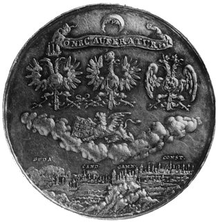 medal autorstwa Jana Höhna jun. wybity z okazji Zwycięstwa Wiedeńskiego króla Jana III Sobieskiego, Aw: Popiersiekróla w wieńcu laurowym na głowie i w zbroi antycznej, wokół wielowierszowy napis z tytulaturą i apoteozą czynówkróla
