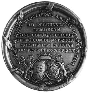 medal wybity w 1772 roku na zlecenie Jerzego Mnischa dla upamiętnienia śmierci żony Marii Amalii z domu Brühl,Aw: Dwie skrzyżowane pochodnie i napisy