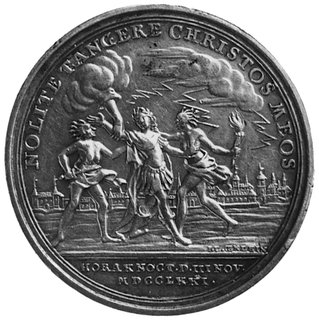 medal sygnowany IL Oexlein wybity w 1771 roku w Norymberdze upamiętniający porwanie i uwolnienie królaStanisława Augusta Poniatowskiego, Aw: Scena porwania i napis wokół, Rw: Opatrzność odprowadzają króla naZamek, dwie klęczące postacie i napis wokół, Racz.520, H-Cz.3124 R, srebro 44.4 g., 21.82 g.