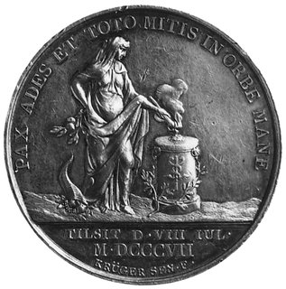 medal sygnowany KRUGER SEN, wybity w 1807 roku z okazji zawarcia pokoju w Tylży i utworzenia KsięstwaWarszawskiego, Aw: Popiersie Fryderyka Augusta i napis, Rw: Postać kobiety przy ołtarzu, na którym płonie ogieńi napisy, H-Cz.7917 R4, srebro 46.8 mm, 39.24 g., medal bardzo rzadko spotykany w handlu