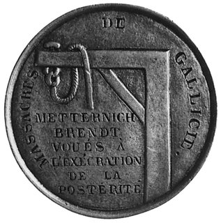 medal autorstwa Davida oficjalnie odlewany w Paryżu na pamiątkę Rzezi Galicyjskiej w 1846 roku, Aw: GłowaMarianny w czapce frygijskiej i napis, Rw: Szubienica i napisy, H-Cz.3762 R4, brąz 40.6 mm, 16.87 g., ciekawyi rzadki medal francuskiego rzeźbiarza Davida