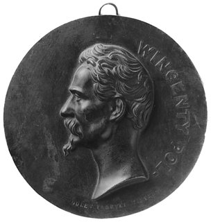 medalion nie sygnowany z przy lutowanym uszkiem, odlany w fabryce Mintera przedstawiający profil Wincentego Polaw lewo