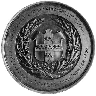 medal nagrodowy Towarzystwa Rolniczego w Yorkshire z roku 1864 dla H.R.W. Harta za konia All Fours, Aw: StojącaCeres (bogini płodów rolnych), w otoku napis, Rw: W wieńcu herb, w otoku wygrawerowany napis, srebro 68.22 g.