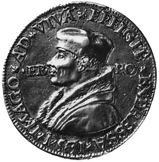 medal Erazma z Roterdamu, Aw: Popiersie Erazma z natury, wokół napis, w polu ER-RO, Rw: WyobrażenieTerminusa na postumencie, wokół napis, lany i cyzelowany, srebro 13.46 g.