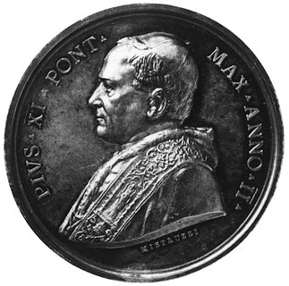 medal z roku 1923- Pius XI (1922-1939), Aw: Popiersie papieża, poniżej sygn. MISTRUZZI, w otoku napis, Rw: Scenareligijna, poniżej i w otoku napisy, srebro 34.47 g., w oryginalnym pudełku