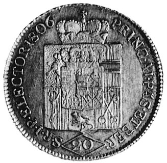 Ferdynand 1803-1806, 20 krajcarów, Salzburg, Aw: Głowa księcia i wokół napis, Rw: Tarcza herbowa i napis, Herinek 11