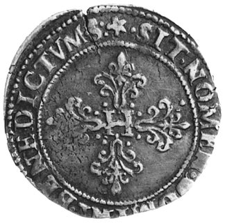 Henryk III 1575-1589, frank 1586. Tuluza, Aw: Popiersie króla, wokół napis, Rw: Cztery lilie ułożone w krzyż, wokółnapis, Duplessy 1130