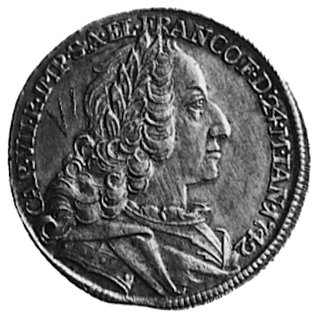 odbitka w srebrze dukata z 1742 roku, Aw: Popiersie Karola VII, Rw: Ołtarz, Fr.l000(1017)