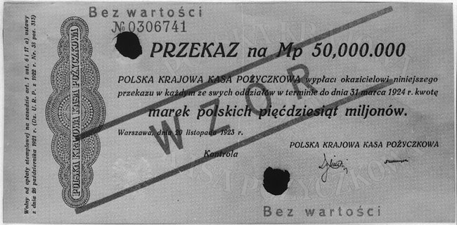 przekaz na 50.000.000 marek polskich, 20.11.1923, Pick 40, Parchimowicz - WZÓR, perforowany