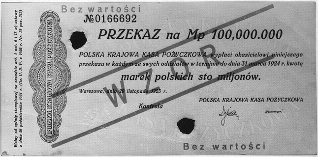 przekaz na 100.000.000 marek polskich, 20.11.1923, Pick 41, Parchimowicz -
