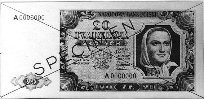 20 złotych 1.07.1948, Ser. A 0000000, na awersie