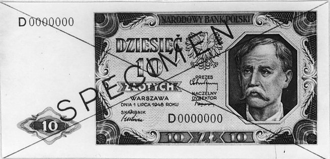 10 złotych 1.07.1948, Ser.D 0000000, na awersie 
