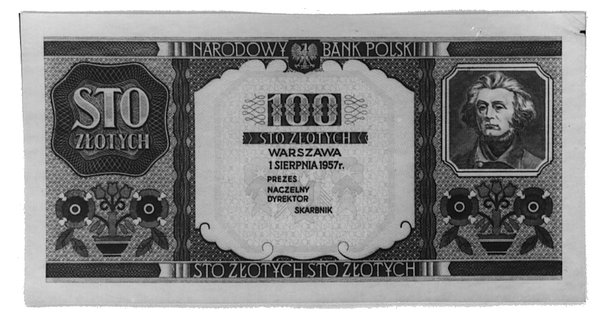 100 złotych 1.08.1957, banknot z wizerunkiem Mickiewicza- jednostronna próba druku koloru banknotu, który niezostał wprowadzony do obiegu (na 9-tej aukcji WCN został sprzedany ten sam banknot ale w innym kolorze), lekkouszkodzony papier w dwóch rogach