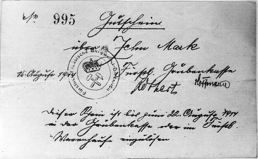 bon zastępczy Zarządu Dóbr Księcia Pszczyńskiego na sumę 10 marek 1914 roku, pisany odręcznie tuszem