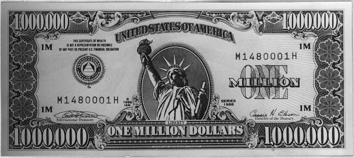 banknot kolekcjonerski nie wprowadzony do obiegu na sumę 1.000.000 dolarów amerykańskich wydrukowany nazlecenie Międzynarodowego Stowarzyszenia Milionerów w American Bank Note Company w/g wymogów nowoczes-nej techniki stosowanej przy produkcji oficjalnych banknotów USA