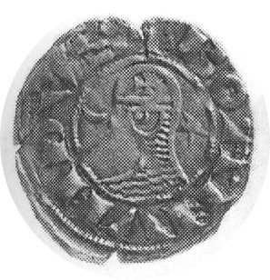 Antiochia- Bohemund III 1149-1163, denar, Aw: Popiersie rycerza w kolczudze i hełmie i napis: BOANVNDVS, Rw:Krzyż i półksiężyc i napis w otoku: ANTIOCHIA, Metcalf II 257