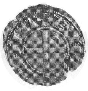 Antiochia- Bohemund III 1149-1163, denar, Aw: Popiersie rycerza w kolczudze i hełmie i napis: BOANVNDVS, Rw:Krzyż i półksiężyc i napis w otoku: ANTIOCHIA, Metcalf II 257