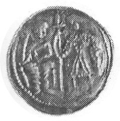denar, Aw: Dwie stojące postacie z włócznią, Rw: Mały krzyż, w otoku napis: ADALBIBAVS, Str.38, Gum.79, bardzoładny