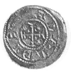denar, Aw: Dwie stojące postacie z włócznią, Rw: Mały krzyż, w otoku napis: ADALBIBAVS, Str.38, Gum.79, bardzoładny