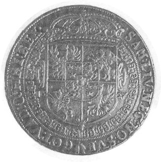 talar 1627, Bydgoszcz, Aw: Popiersie w zbroi i w koronie i napis, Rw: Wielopolowa tarcza herbowa i napis, Gum.1214,Dav.4316