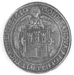 talar 1630, Toruń, Aw: Popiersie w zbroi i koronie oraz napis, Rw: Herb Torunia i napis, Gum.1425, Dav.4371,odmiana