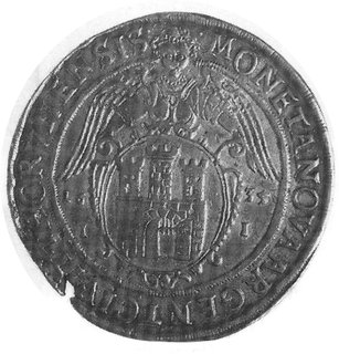 talar 1635, Toruń, Aw: Półpostać króla w zbroi, koronie i napis, Rw: Herb Torunia i napis, Gum.1610, Dav.4374, wadablachy