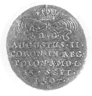 dukat koronacyjny 1697, Drezno, Aw: Ręka z szablą i napis, Rw: Insygnia koronacyjne i napis, Merseb.1400,Fr.2830(2526)