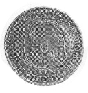 szóstak 1754, Lipsk, Aw: Popiersie w koronie i napis, Rw: Wielopolowa tarcza herbowa i napis, Gum.2150,Merseb. 1785