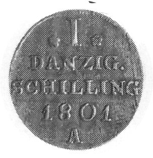szeląg 1801, Berlin, Aw: Monogram Fryderyka Wilhelma, Rw: Napis, Plage 44