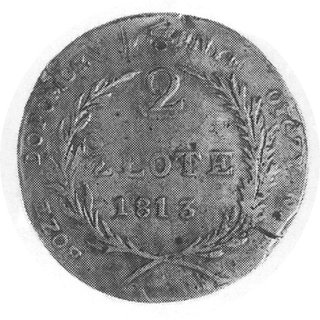 2 złote 1813, Zamość, Aw: Napis, Rw: Dwie gałązki i napis, Plage 126, moneta powstała w wyniku przebicia innej dwuzłotówki