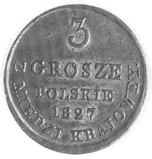 3 grosze 1827 z miedzi krajowej, Warszawa, j.w., Plage 164, moneta niezwykle rzadka w tym stanie zachowania