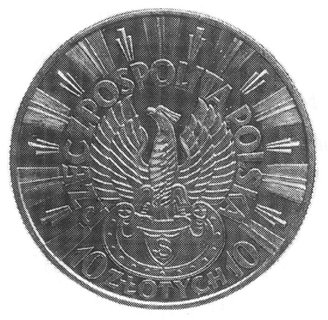 10 złotych 1934, Orzeł Strzelecki, na rewersie napis PRÓBA, wybito 100 sztuk, srebro 21.77 g.
