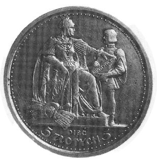 5 złotych 1925, Konstytucja, 100 perełek, na awersie monogramy SW WG, wybito 100 sztuk, srebro 25.01 g.