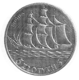 5 złotych 1936, Żaglowiec, na rewersie napis PRÓBA, wybito 110 sztuk, srebro 10.96 g.