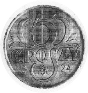 5 groszy jak moneta obiegowa, na rewersie data 12.IV.24 i inicjały SW, wybito 500 sztuk, mosiądz 3.50 g.