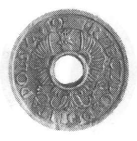 5 groszy jak moneta obiegowa, w środku otwór, rant gładki, na awersie tylko dwie pierwsze cyfry daty 19, nakładnieznany, nie notowana w literaturze próba technologiczna, cynk 1.57 g.