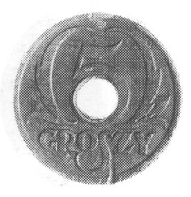 5 groszy jak moneta obiegowa, w środku otwór, rant gładki, na awersie tylko dwie pierwsze cyfry daty 19, nakładnieznany, nie notowana w literaturze próba technologiczna, cynk 1.57 g.
