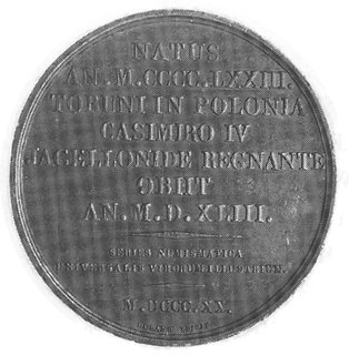 medal z serii sławnych ludzi autorstwa Duranda i Viviera wybity w 1820 r. w Paryżu, Aw: Popiersie MikołajaKopernika i wokół napis, Rw: Pamiątkowy napis, H-Cz.3869, brąz 41.0 mm, 38.42 g., ładna stara patyna