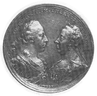 medal autorstwa A. Widemana z 1768 r., Aw: Popiersia Józefa II i Marii Teresy zwrócone do siebie i wokół napis:IOSEPHVS II M. THERESIA AGG, Rw: Napis poziomy: FERDINANDUS MAXIMIANUS EORUMQUE NEPTISTHERESIA ARCHIDUCES AUSTRIAE DE INSERTIS VARIOLIS RESTITUTI 29 SEPT. MDCCLXVIII, srebro41 mm, 26.14 g.
