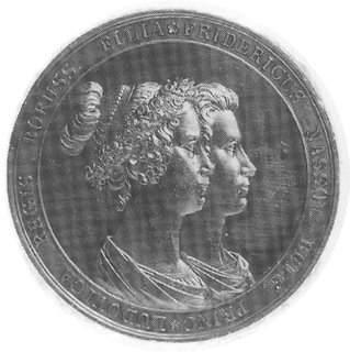medal sygnowany Loos, Gube wybity w 1825 r. z okazji małżeństwa księżniczki Luizy, córki króla Prus z Fryderykiemksięciem Nassau, Aw: Popiersia młodej pary i wokół napis, Rw: Bogini Urodzaju i Płodności podtrzymuje bożkamiłości, srebro, 42 mm, 28.55 g.