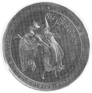 medal sygnowany Loos, Gube wybity w 1825 r. z okazji małżeństwa księżniczki Luizy, córki króla Prus z Fryderykiemksięciem Nassau, Aw: Popiersia młodej pary i wokół napis, Rw: Bogini Urodzaju i Płodności podtrzymuje bożkamiłości, srebro, 42 mm, 28.55 g.