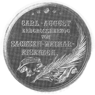 medal z okazji śmierci wielkiego księcia Sachsen- Weimar- Eisenach w 1894 r, sygn. W. Mayer, Aw: Popiersie trzyczwarte w lewo i sygnatura W. MAYER, Rw: Napis poziomy: CARL- AUGUST ERBGROSSHERZOG VONSACHSEN- WEIMAR- EISENACH, poniżej gałązka palmowa i napis na szarfie: 31. JULI 1844, 20. NOV. 1894, srebro,42 mm, 24.95 g.