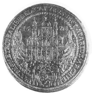 talar 1628, Aw: Widok katedry podtrzymywanej przez dwóch świętych, w otoku napis, Rw: Poświęcenie katedry,w otoku napis, Dav.3499, Probszt 1166