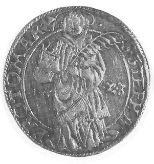 talar 1623, Aw: Tarcza herbowa, w otoku napis, Rw: Św. Stefan, w polu data, w otoku napis, Dav.5339